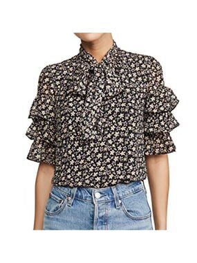 Rebecca Taylor Louisa Tiered Ruffle Short Sleeve Bow Tie Floral Blouse